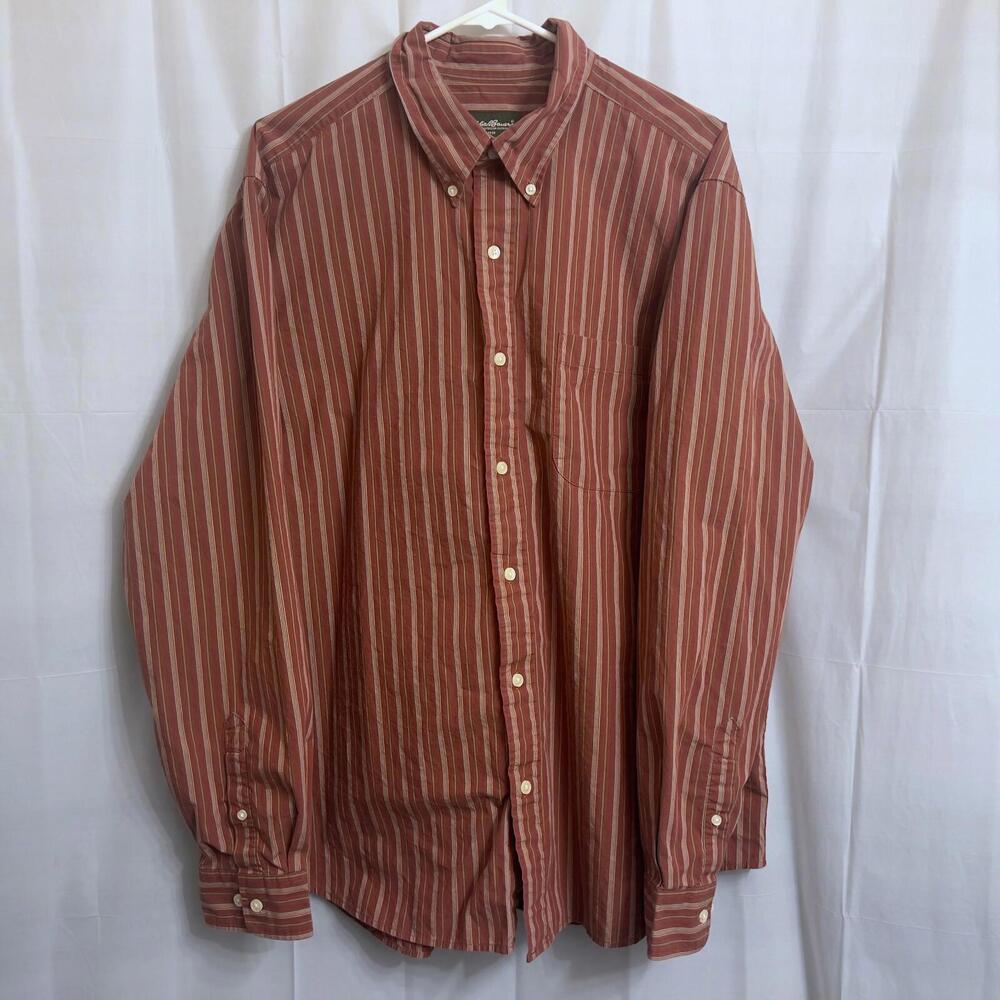 Eddie Bauer Long Sleeve Button Down Shirt Men's Extra Large XL Red w/ Stripes